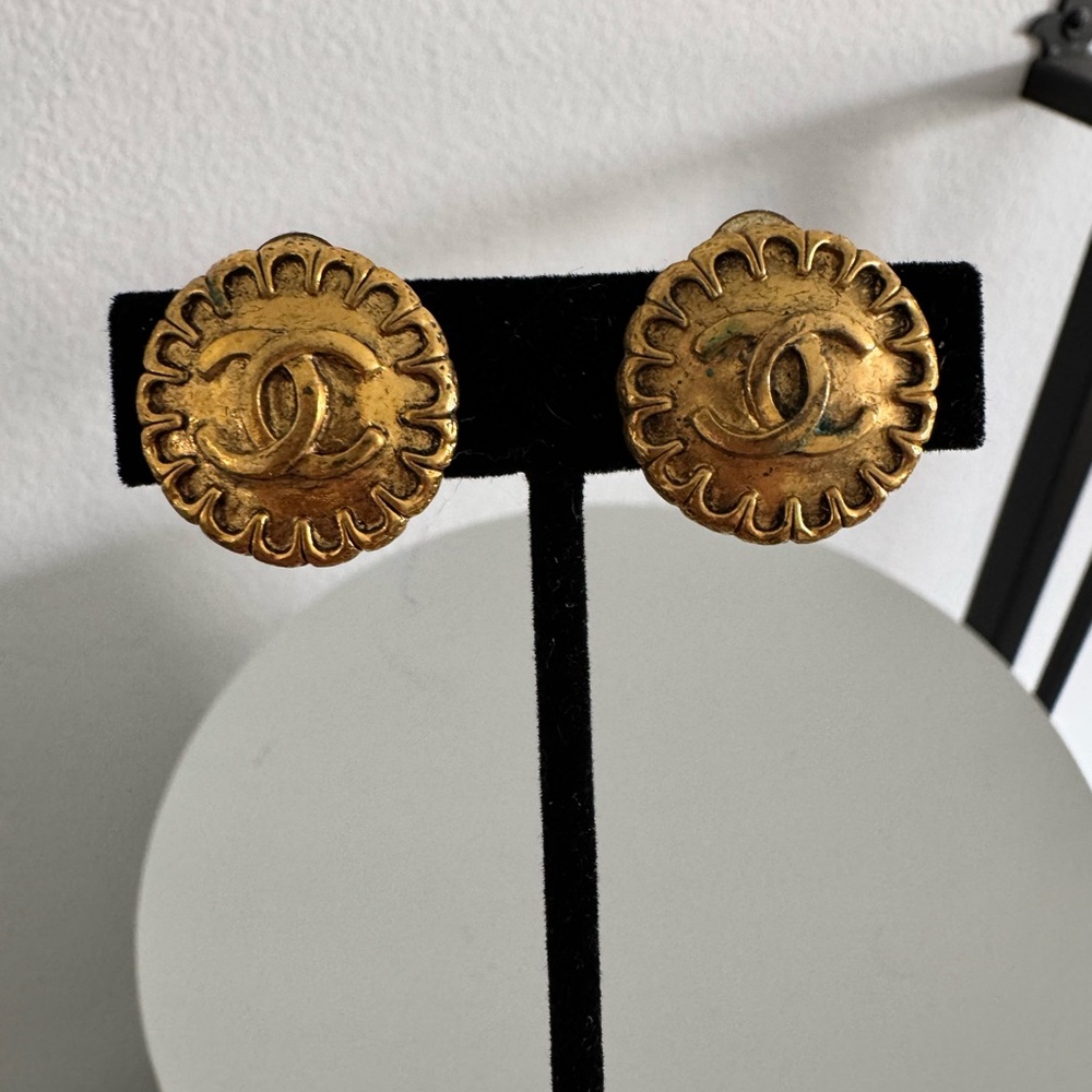 Authentic Chanel Gold-Tone Designer Logo Button Earrings